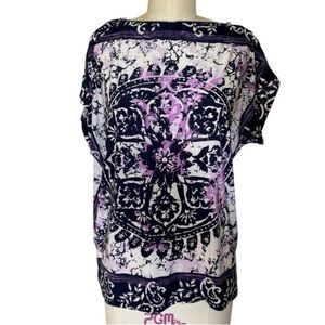 INC International Concepts L Zip Neckline Bandana Artsy Slinky Blouse Top $58